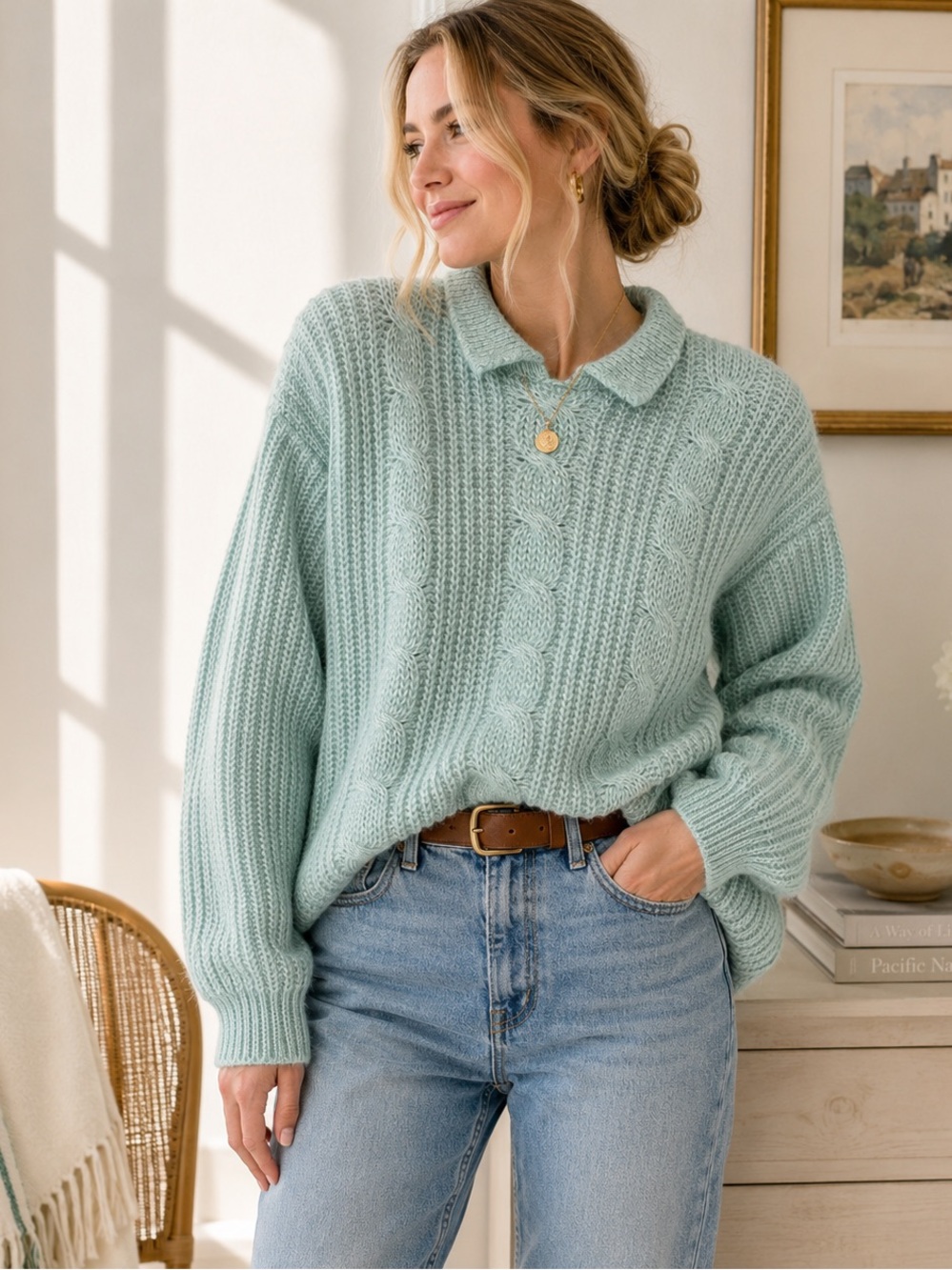 Vintage Tarazzia Mint Cable Knit Collared Sweater L 80s 90s Preppy